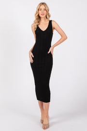 Black V Neck Sleeveless Knit Midi Dress