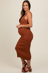 Rust V Neck Sleeveless Knit Maternity Midi Dress