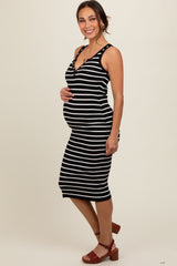 Black Striped Fitted Henley Knit Maternity Midi Dress