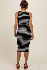 Black Striped Fitted Henley Knit Maternity Midi Dress