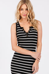 Black Striped Fitted Henley Knit Midi Dress