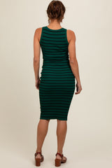 Forest Green Striped Fitted Henley Knit Maternity Midi Dress