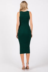 Forest Green Striped Fitted Henley Knit Midi Dress