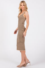 Mocha Striped Fitted Henley Knit Midi Dress