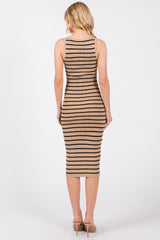 Mocha Striped Fitted Henley Knit Midi Dress