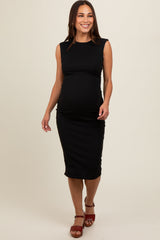 Black Side Ruched Sleeveless Maternity Midi Dress