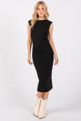 Black Side Ruched Sleeveless Maternity Midi Dress