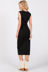 Black Side Ruched Sleeveless Midi Dress