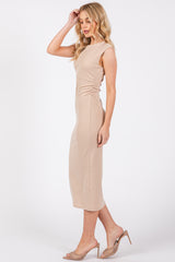 Beige Side Ruched Sleeveless Midi Dress