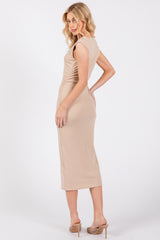 Beige Side Ruched Sleeveless Midi Dress