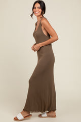 Brown Fringe Hem Maternity Midi Dress