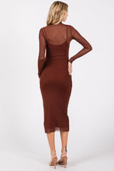 Brown Mesh Overlay Fitted Midi Dress