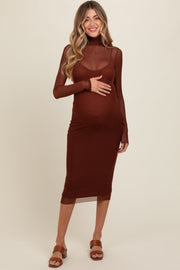 Brown Mesh Overlay Fitted Maternity Midi Dress