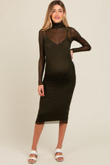 Olive Mesh Overlay Fitted Maternity Midi Dress