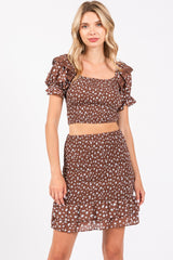 Brown Smocked Ruffled Detail Crop Top Skirt Set