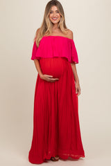 Red Pleated Off Shoulder Colorblock Maternity Maxi Dress