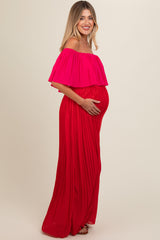 Red Pleated Off Shoulder Colorblock Maternity Maxi Dress