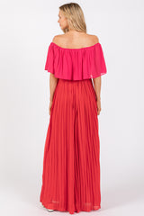 Red Pleated Off Shoulder Colorblock Maxi Dress