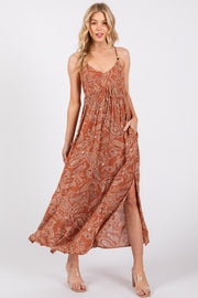 Rust Paisley Side Slit Maxi Dress