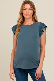 Deep Teal Smocked Ruffle Sleeve Maternity Top