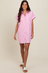 Light Pink Striped Shirt Mini Dress