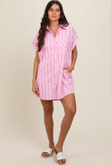 Light Pink Striped Maternity Shirt Mini Dress