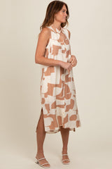 Mocha Printed Button Down Collared Midi Dress