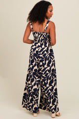 Navy Floral Smocked Wide Leg Jumpsuit