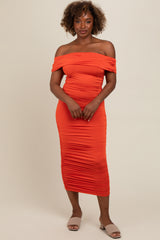 Orange Off Shoulder Ruched Maternity Midi Dress