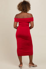 Red Off Shoulder Ruched Midi Dress