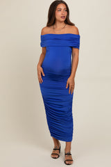 Royal Blue Off Shoulder Ruched Maternity Midi Dress