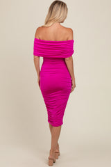 Magenta Off Shoulder Ruched Midi Dress