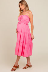 Fuchsia Front Tie Cutout Tiered Maternity Midi Dress