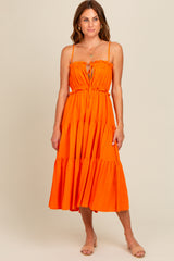 Orange Front Tie Cutout Tiered Midi Dress