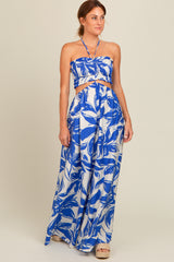 Royal Blue Tropical Print Cutout Smocked Jumpsuit