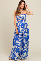 Royal Blue Tropical Print Cutout Smocked Maternity Jumpsuit