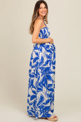 Royal Blue Tropical Print Cutout Smocked Maternity Jumpsuit