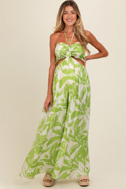 Lime Tropical Print Cutout Smocked Maternity Jumpsuit