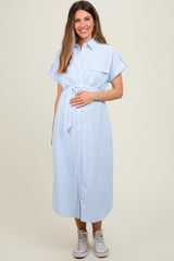 Light Blue Pin Stripe Sash Tie Maternity Midi Dress