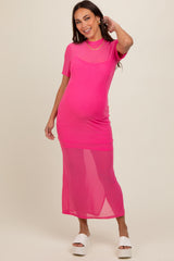 Pink Layered Mesh Maternity Maxi Dress