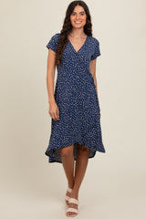 Navy Dot Print Wrap Maternity Nursing Midi Dress