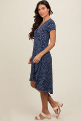 Navy Dot Print Wrap Nursing Midi Dress