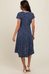 Navy Dot Print Wrap Nursing Midi Dress