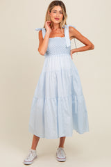 Blue Striped Smocked Tie Strap Maternity Midi Dress