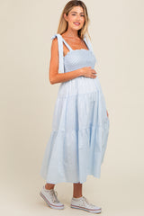 Blue Striped Smocked Tie Strap Maternity Midi Dress