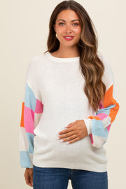 Light Blue Checker Sleeve Maternity Sweater