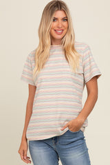 Beige Short Sleeve Multi Striped Maternity Top