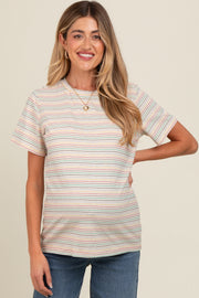 Beige Short Sleeve Multi Striped Maternity Top