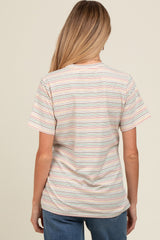 Beige Short Sleeve Multi Striped Maternity Top