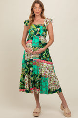 Green Patchwork Print Maternity Midi Dress